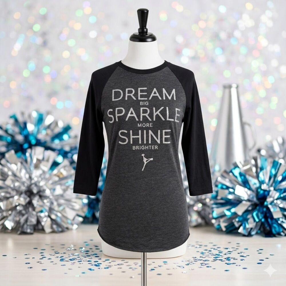 American Apparel Sparkle Cheerleading 3/4 Sleeve Tee XS Black Silver